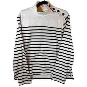 J Crew Sweater Size L Striped Navy Ivory Cotton Pullover Nautical Coastal Preppy